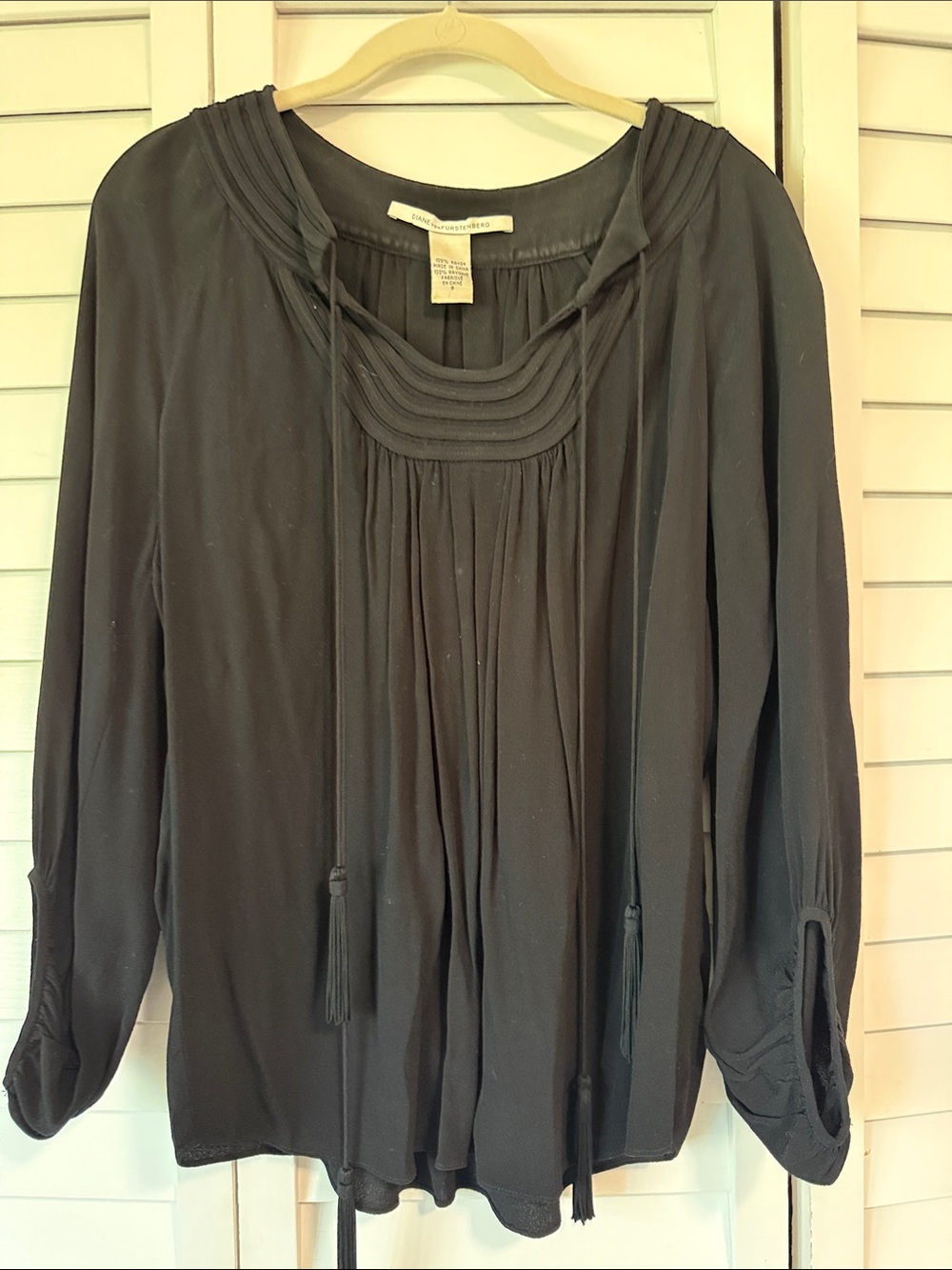 Diane Von Furstenburg Black Pleated Yoke Long-Sleeve Blouse